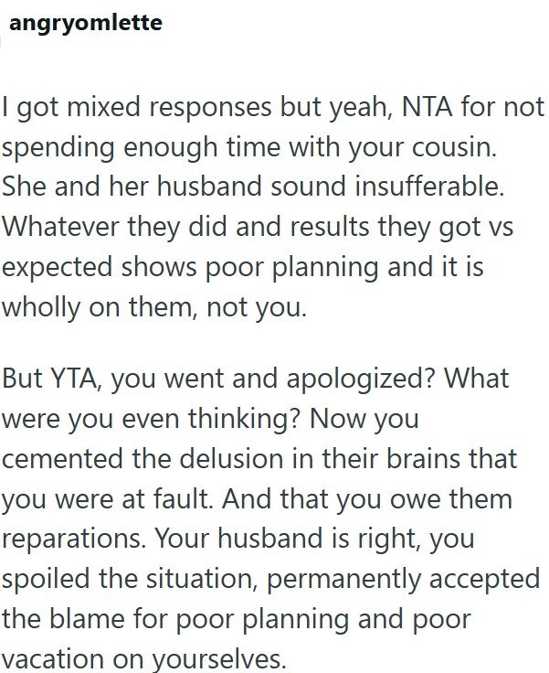angryomlette I got mixed responses but yeah, NTA for not spending enough time with your cousin. She and her husband sound insufferable. Whatever they did and results they got vs expected shows poor planning and it is wholly on them, not you. But YTA, you went and apologized? What were you even thinking? Now you cemented the delusion in their brains that you were at fault. And that you owe them reparations. Your husband is right, you spoiled the situation, permanently accepted the blame for poor