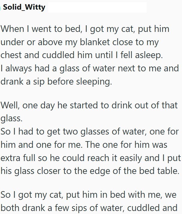 Solid_Witty When I went to bed, I got my cat, put him under or above my blanket close to my chest and cuddled him until I fell asleep. I always had a glass of water next to me and drank a sip before sleeping. Well, one day he started to drink out of that glass. So I had to get two glasses of water, one for him and one for me. The one for him was extra full so he could reach it easily and I put his glass closer to the edge of the bed table. So I got my cat, put him in bed with me, we both drank a