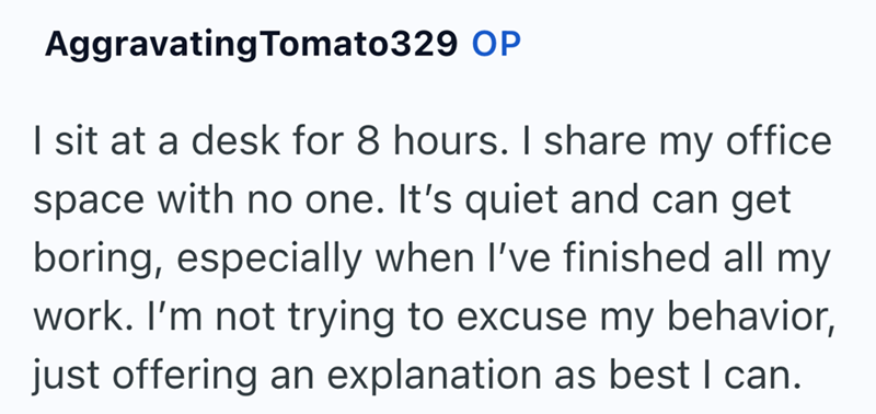 Aggravating Tomato329 OP I sit at a desk for 8 hours. I share my office space with no one. It's quiet and can get boring, especially when I've finished all my work. I'm not trying to excuse my behavior, just offering an explanation as best I can.