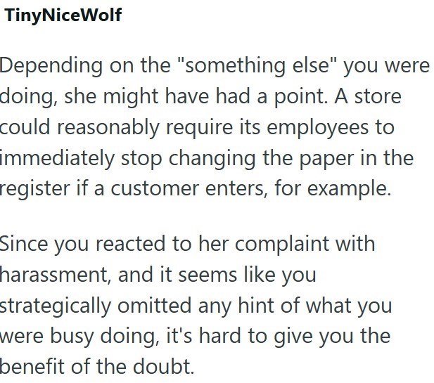 TinyNiceWolf Depending on the "something else" you were doing, she might have had a point. A store could reasonably require its employees to immediately stop changing the paper in the register if a customer enters, for example. Since you reacted to her complaint with harassment, and it seems like you strategically omitted any hint of what you were busy doing, it's hard to give you the benefit of the doubt.