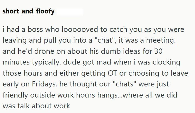 short_and_floofy i had a boss who loooooved to catch you as you were leaving and pull you into a "chat", it was a meeting. and he'd drone on about his dumb ideas for 30 minutes typically. dude got mad when i was clocking those hours and either getting OT or choosing to leave early on Fridays. he thought our "chats" were just friendly outside work hours hangs...where all we did was talk about work