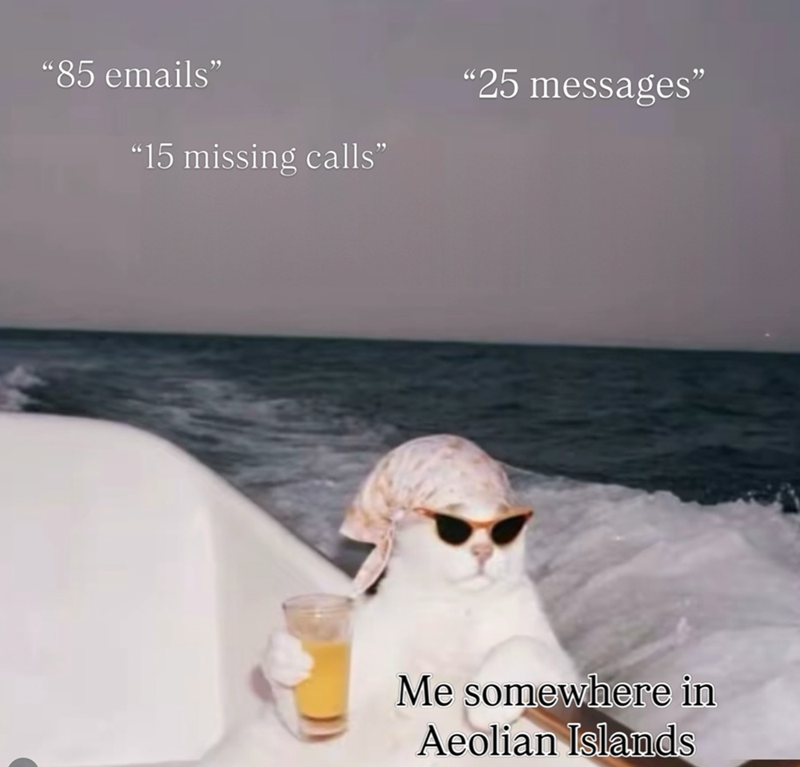 "85 emails" "25 messages" " "15 missing calls" Me somewhere in Aeolian Islands