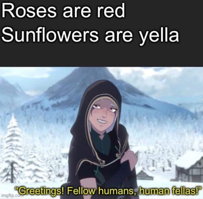 Roses are red Sunflowers are yella "Greetings! Fellow humans, human fellas!" imgflip.com