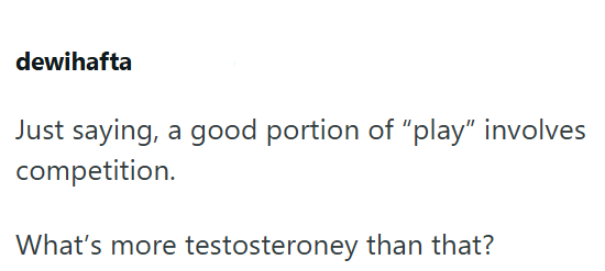 dewihafta Just saying, a good portion of "play" involves competition. What's more testosteroney than that?