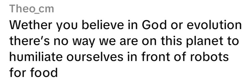 Theo_cm Wether you believe in God or evolution there's no way we are on this planet to humiliate ourselves in front of robots for food