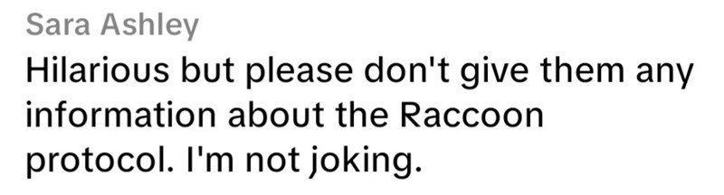 Sara Ashley Hilarious but please don't give them any information about the Raccoon protocol. I'm not joking.