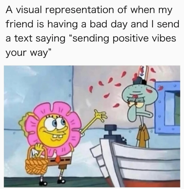A visual representation of when my friend is having a bad day and I send. a text saying "sending positive vibes your way"
