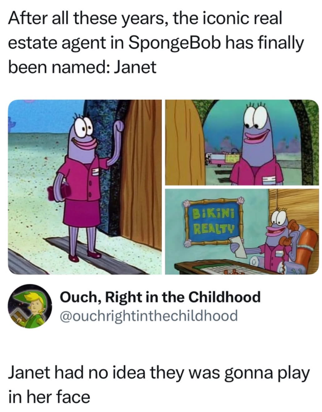 After all these years, the iconic real estate agent in SpongeBob has finally been named: Janet BIKINI REALTY MI Ouch, Right in the Childhood @ouchrightinthechildhood Janet had no idea they was gonna play in her face