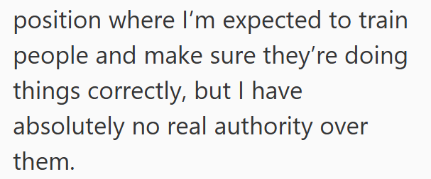 position where I'm expected to train people and make sure they're doing things correctly, but I have absolutely no real authority over them.