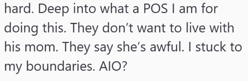hard. Deep into what a POS I am for doing this. They don't want to live with his mom. They say she's awful. I stuck to my boundaries. AIO?