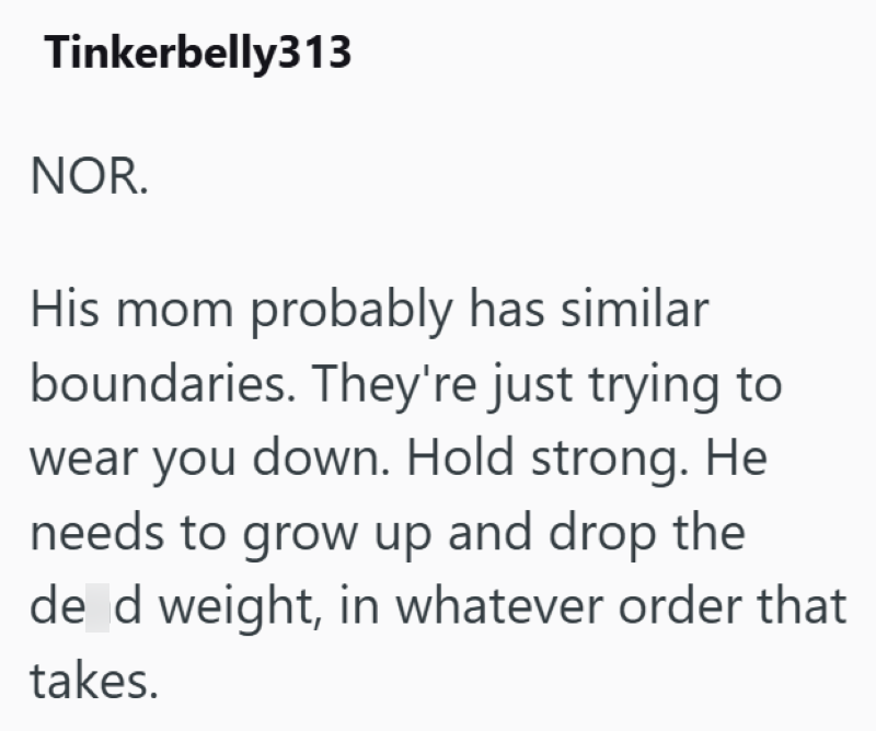 Tinkerbelly313 NOR. His mom probably has similar boundaries. They're just trying to wear you down. Hold strong. He needs to grow up and drop the de d weight, in whatever order that takes.