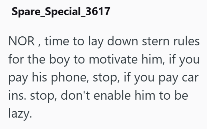Spare_Special_3617 NOR, time to lay down stern rules for the boy to motivate him, if you pay his phone, stop, if you pay car ins. stop, don't enable him to be lazy.