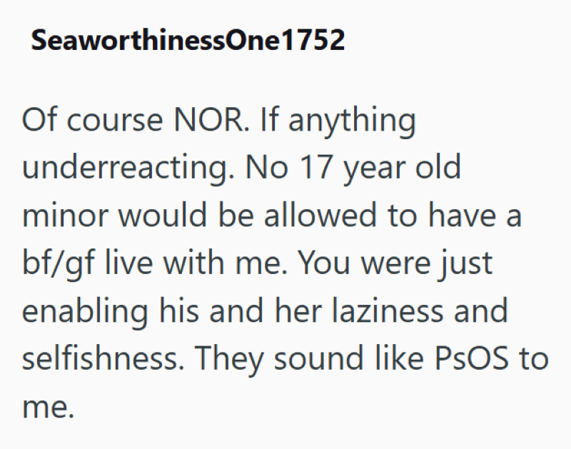 SeaworthinessOne 1752 Of course NOR. If anything underreacting. No 17 year old minor would be allowed to have a bf/gf live with me. You were just enabling his and her laziness and selfishness. They sound like PSOS to me.