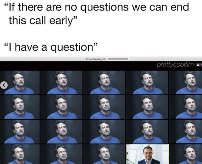 "If there are no questions we can end this call early" "I have a question" Zoom Meeting ID prettycooltim