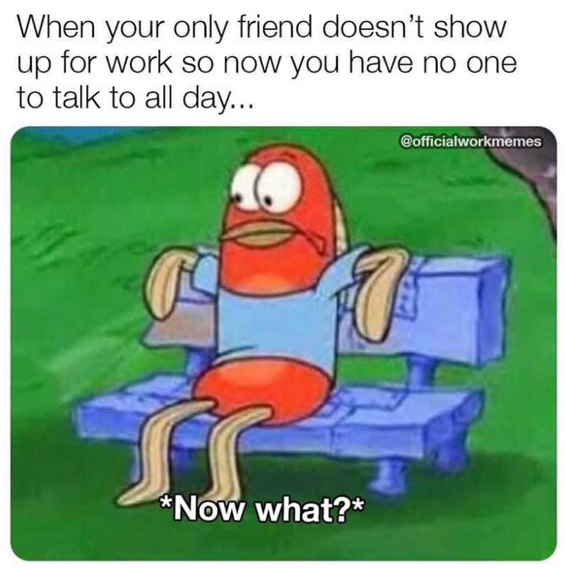 When your only friend doesn't show up for work so now you have no one to talk to all day... *Now what?* @officialworkmemes