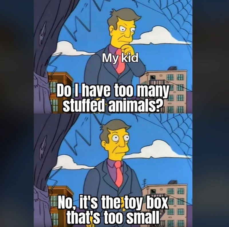 M My kid Do I have too many stuffed animals? D 田 No, it's the toy box***** that's too small