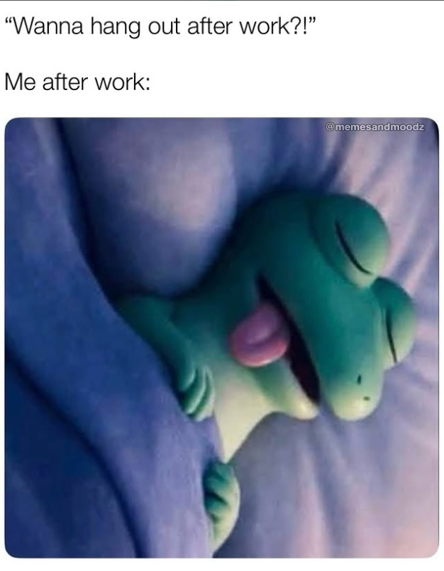 "Wanna hang out after work?!" Me after work: @memesandmoodz