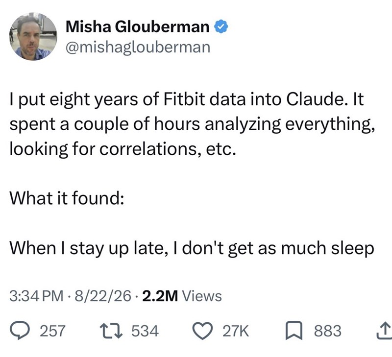 Misha Glouberman @mishaglouberman I put eight years of Fitbit data into Claude. It spent a couple of hours analyzing everything, looking for correlations, etc. What it found: When I stay up late, I don't get as much sleep 3:34 PM 8/22/26 2.2M Views 257 1534 27K 883 ↑