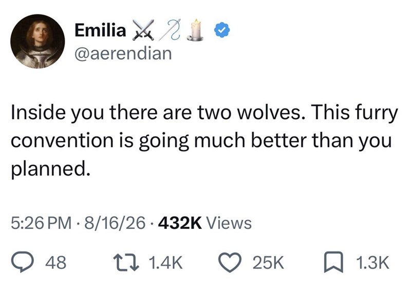 Emilia 1⭑ @aerendian Inside you there are two wolves. This furry convention is going much better than you planned. 5:26 PM 8/16/26 432K Views 48 1 1.4K 25K ☐ 1.3K