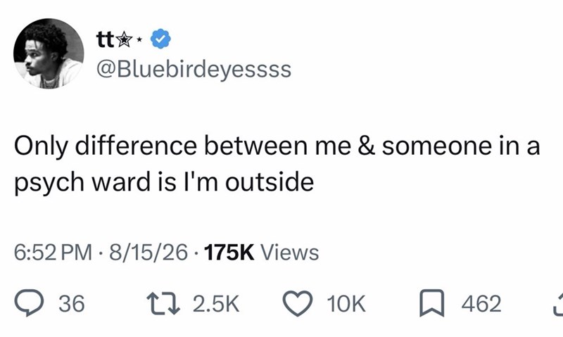 tt✩ ✩ @Bluebirdeyessss Only difference between me & someone in a psych ward is I'm outside 6:52 PM 8/15/26 175K Views 36 ↑ 2.5K 10K 462
