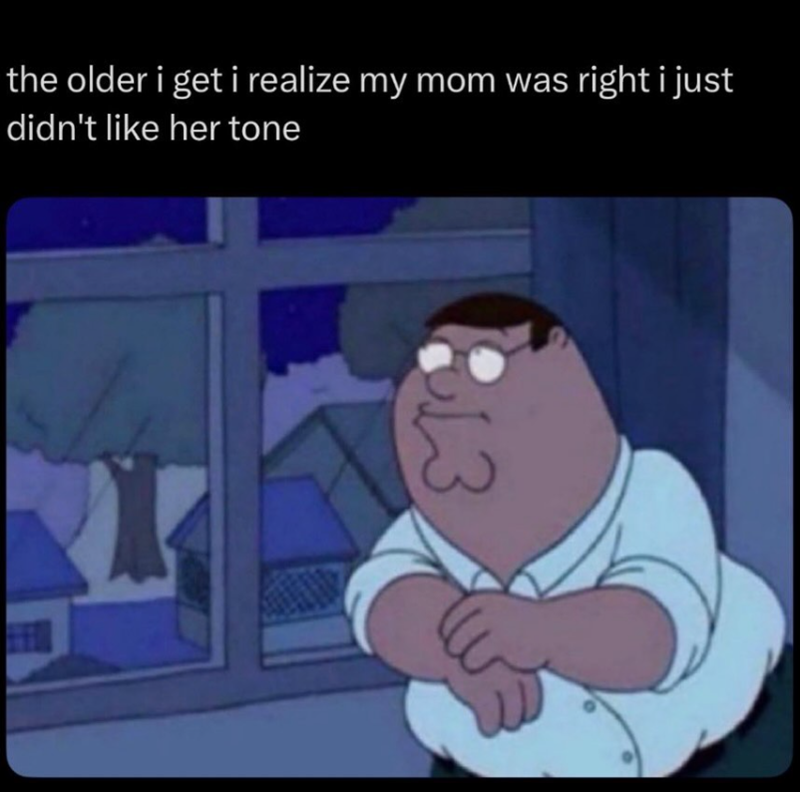 the older i get i realize my mom was right i just didn't like her tone 813