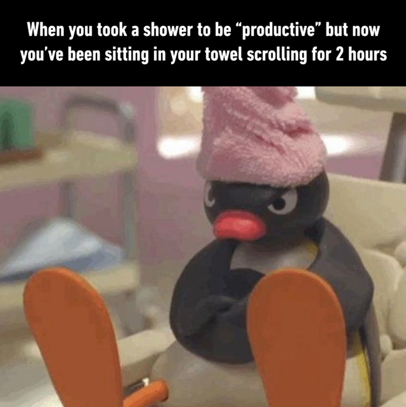 When you took a shower to be “productive” but now you've been sitting in your towel scrolling for 2 hours