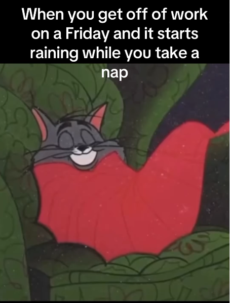 When you get off of work on a Friday and it starts raining while you take a nap