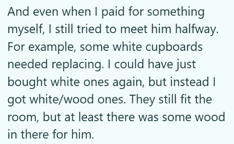 And even when I paid for something myself, I still tried to meet him halfway. For example, some white cupboards needed replacing. I could have just bought white ones again, but instead I got white/wood ones. They still fit the room, but at least there was some wood in there for him.