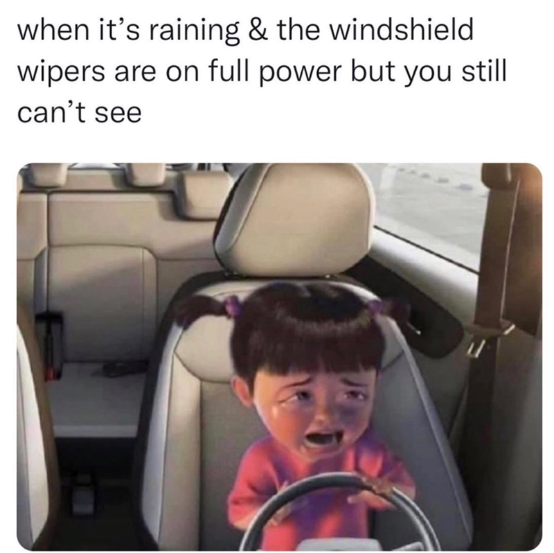 when it's raining & the windshield wipers are on full power but you still can't see