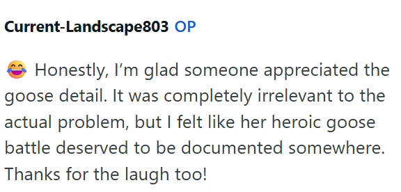 Current-Landscape803 OP Honestly, I'm glad someone appreciated the goose detail. It was completely irrelevant to the actual problem, but I felt like her heroic goose battle deserved to be documented somewhere. Thanks for the laugh too!