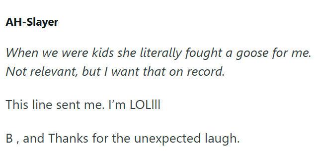 AH-Slayer When we were kids she literally fought a goose for me. Not relevant, but I want that on record. This line sent me. I'm LOLIII B, and Thanks for the unexpected laugh.