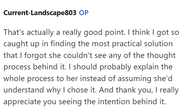 Current-Landscape803 OP That's actually a really good point. I think I got so caught up in finding the most practical solution that I forgot she couldn't see any of the thought process behind it. I should probably explain the whole process to her instead of assuming she'd understand why I chose it. And thank you, I really appreciate you seeing the intention behind it.
