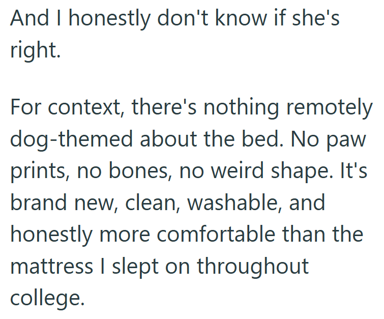 And I honestly don't know if she's right. For context, there's nothing remotely dog-themed about the bed. No paw prints, no bones, no weird shape. It's brand new, clean, washable, and honestly more comfortable than the mattress I slept on throughout college.