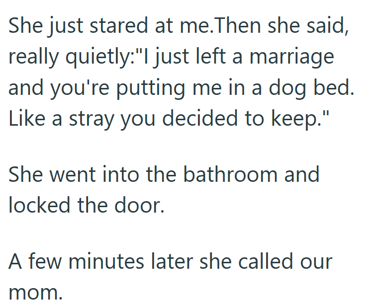 She just stared at me. Then she said, really quietly:"I just left a marriage and you're putting me in a dog bed. Like a stray you decided to keep." She went into the bathroom and locked the door. A few minutes later she called our mom.