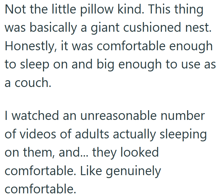 Not the little pillow kind. This thing was basically a giant cushioned nest. Honestly, it was comfortable enough to sleep on and big enough to use as a couch. I watched an unreasonable number of videos of adults actually sleeping on them, and... they looked comfortable. Like genuinely comfortable.