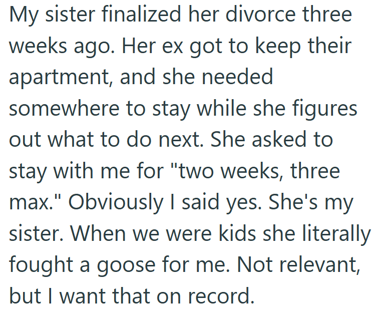 My sister finalized her divorce three weeks ago. Her ex got to keep their apartment, and she needed somewhere to stay while she figures out what to do next. She asked to stay with me for "two weeks, three max." Obviously I said yes. She's my sister. When we were kids she literally fought a goose for me. Not relevant, but I want that on record.