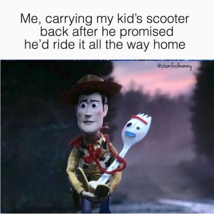 Me, carrying my kid's scooter back after he promised he'd ride it all the way home @stamfordmommy
