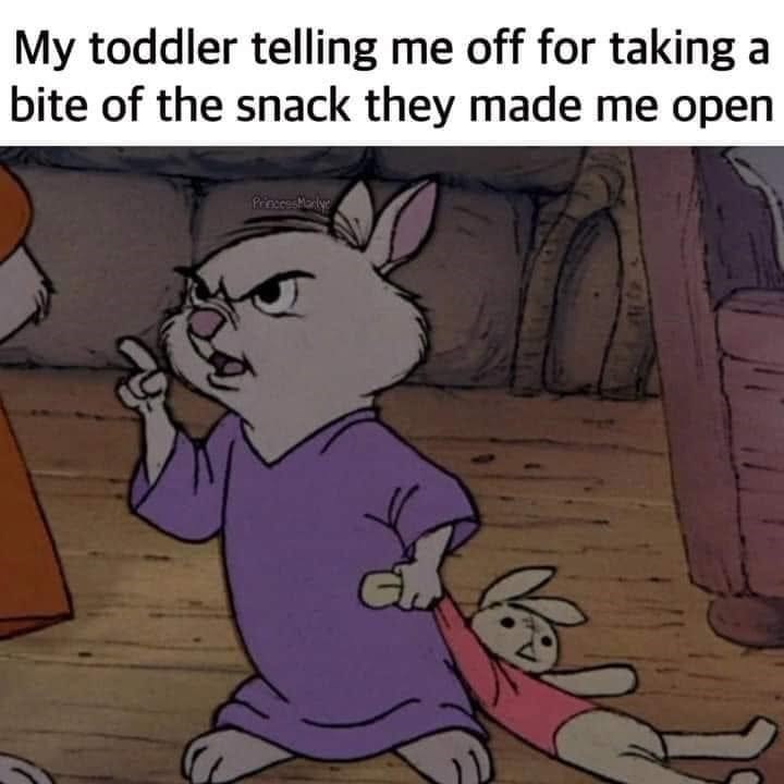 My toddler telling me off for taking a bite of the snack they made me open Princess Martyr