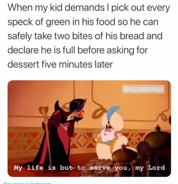 When my kid demands I pick out every speck of green in his food so he can safely take two bites of his bread and declare he is full before asking for dessert five minutes later @POSTCARDS4KIDS My life is but to serve you, my Lord