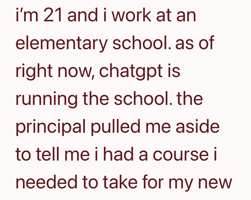 i'm 21 and i work at an elementary school. as of right now, chatgpt is running the school. the principal pulled me aside to tell me i had a course i needed to take for my new