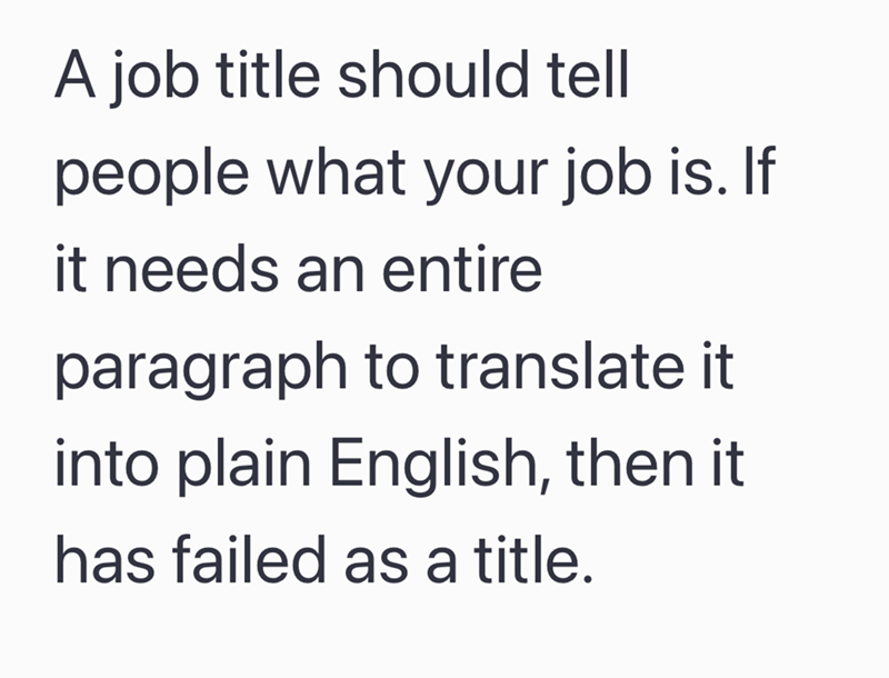 A job title should tell people what your job is. If it needs an entire paragraph to translate it into plain English, then it has failed as a title.