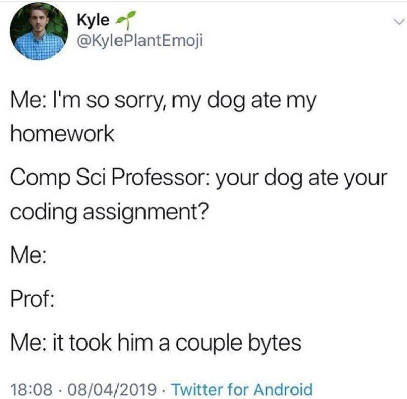 Kyle @KylePlantEmoji Me: I'm so sorry, my dog ate my homework Comp Sci Professor: your dog ate your coding assignment? Me: Prof: Me: it took him a couple bytes 18:08 08/04/2019 Twitter for Android