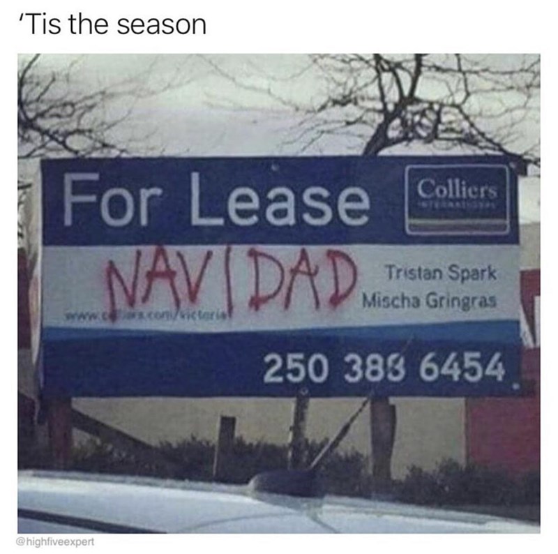 'Tis the season For Lease NAVIDAD www.cx.com/victoria Colliers INTERNALUSYAL Tristan Spark Mischa Gringras 250 383 6454 @highfiveexpert