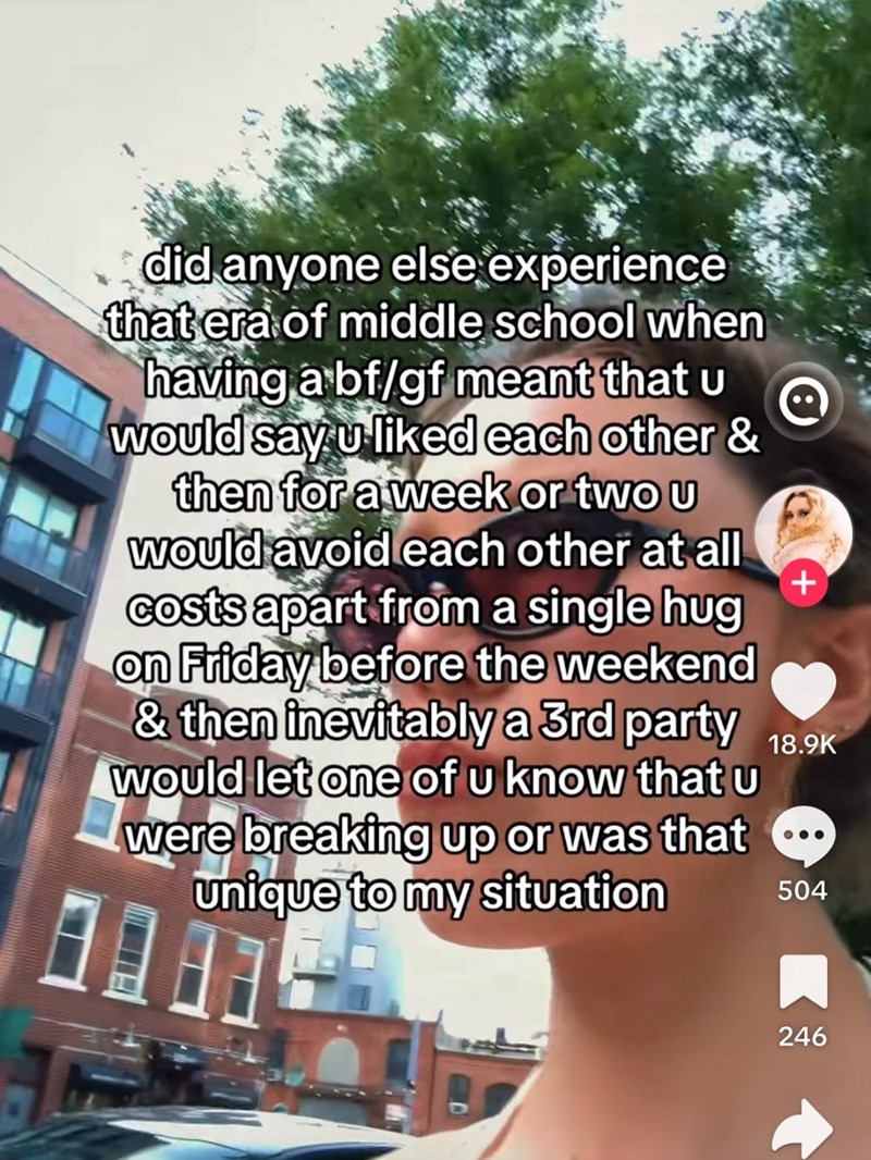 did anyone else experience that era of middle school when having a bf/gf meant that u would say u liked each other & then for a week or two u would avoid each other at all costs apart from a single hug on Friday before the weekend & then inevitably a 3rd party would let one of u know that u were breaking up or was that unique to my situation + 18.9K 504 246