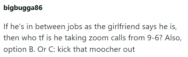 bigbugga86 If he's in between jobs as the girlfriend says he is, then who tf is he taking zoom calls from 9-6? Also, option B. Or C: kick that moocher out