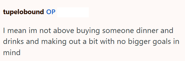 tupelobound OP I mean im not above buying someone dinner and drinks and making out a bit with no bigger goals in mind