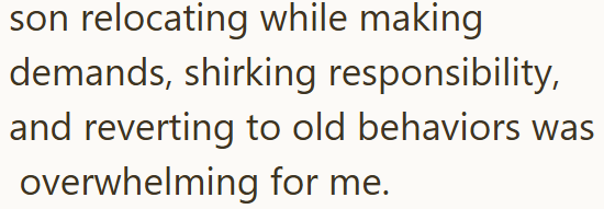 son relocating while making demands, shirking responsibility, and reverting to old behaviors was overwhelming for me.