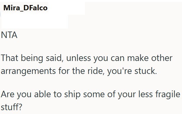 Mira_DFalco NTA That being said, unless you can make other arrangements for the ride, you're stuck. Are you able to ship some of your less fragile stuff?