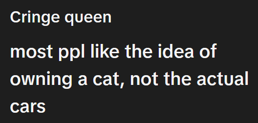 Cringe queen most ppl like the idea of owning a cat, not the actual cars