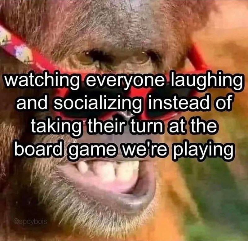 watching everyone laughing and socializing instead of taking their turn at the board game we're playing @spcybois